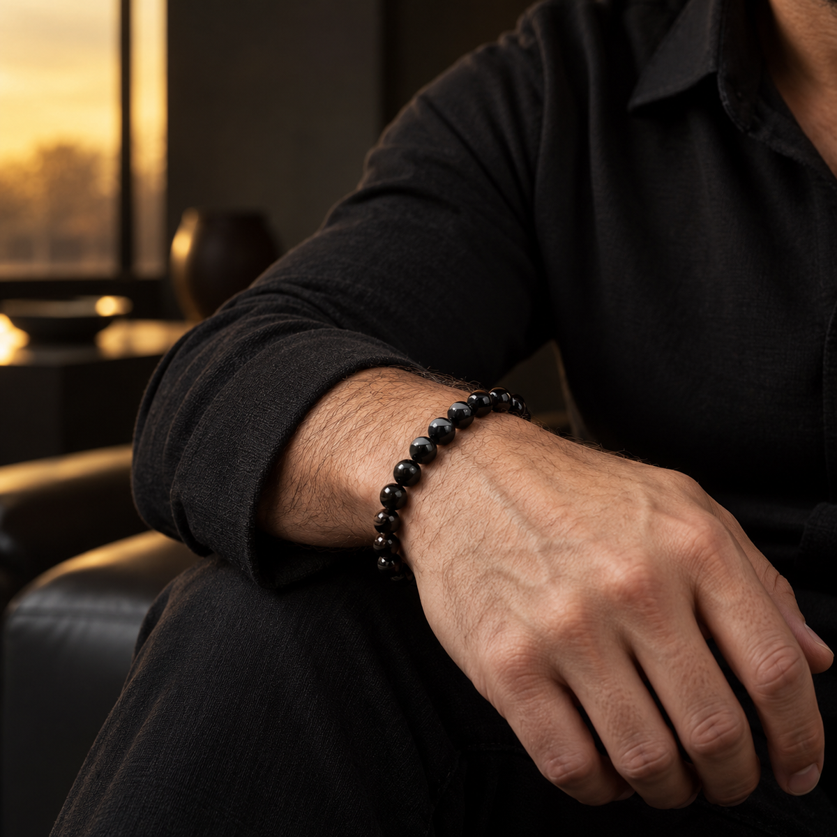 Obsidian Force bracelet styled on a man's wrist